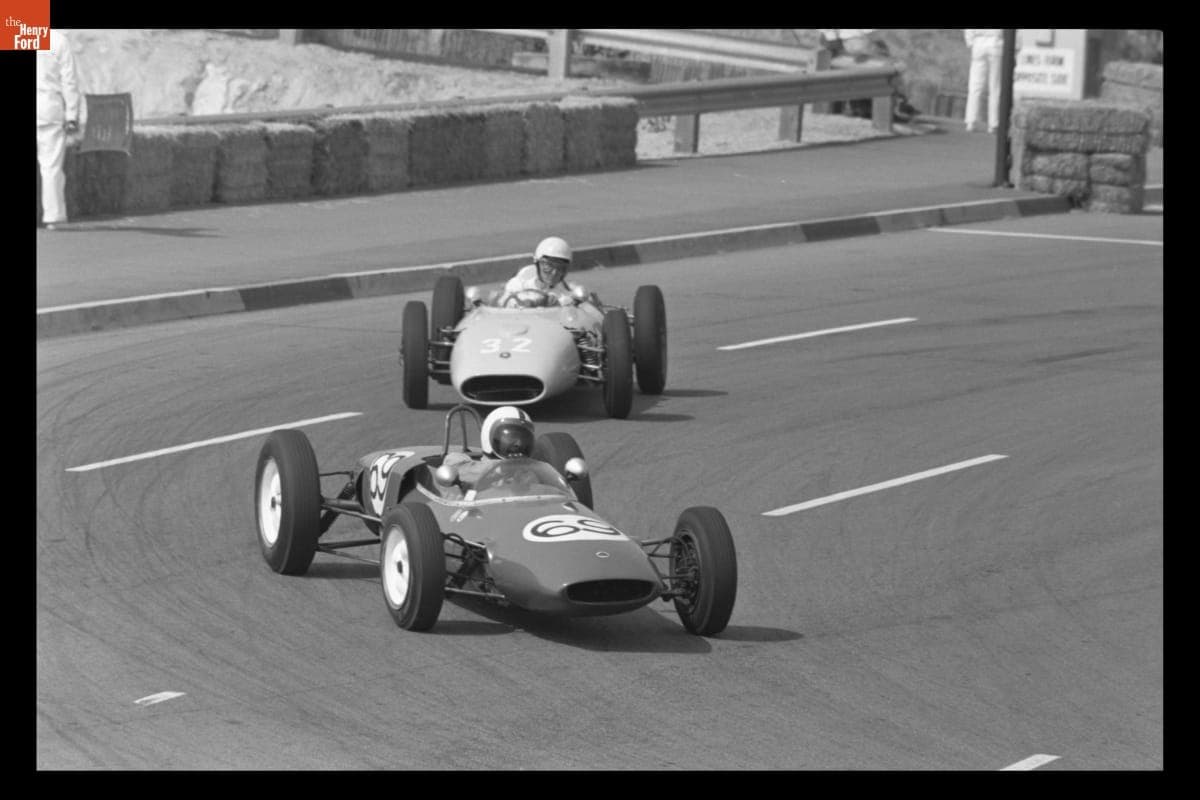 Kurt Neumann and Bruce Elington in Formula Junior Race, Dodger Stadium Sports Car Races, Los Angeles, California, March 1963