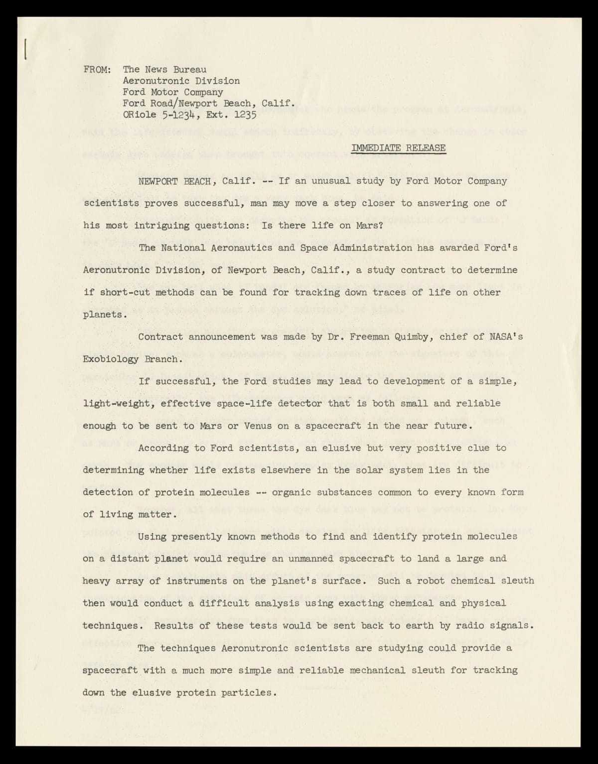 Press Release RE: Contract Awarded to Ford Motor Company Aeronutronic Division to Study Methods for Detecting Life on Other Planets, April 17, 1962
