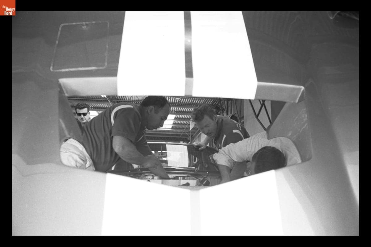 Engineers Preparing Shelby Cobra Daytona Coupe for the Daytona Continental 2000 km Race, February 1965