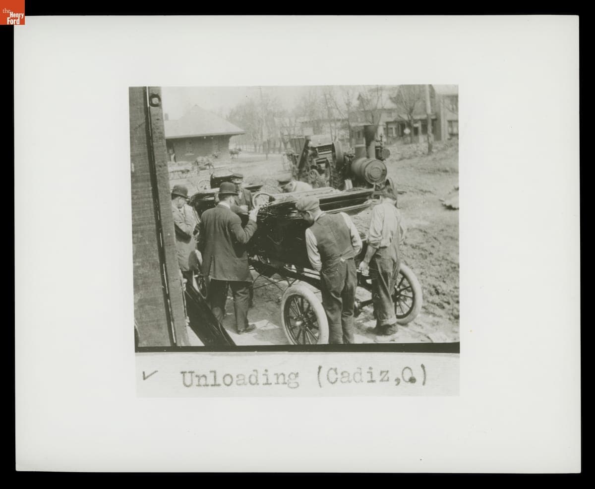 Unloading Ford Model Ts at a Dealership in Cadiz, Ohio, circa 1914