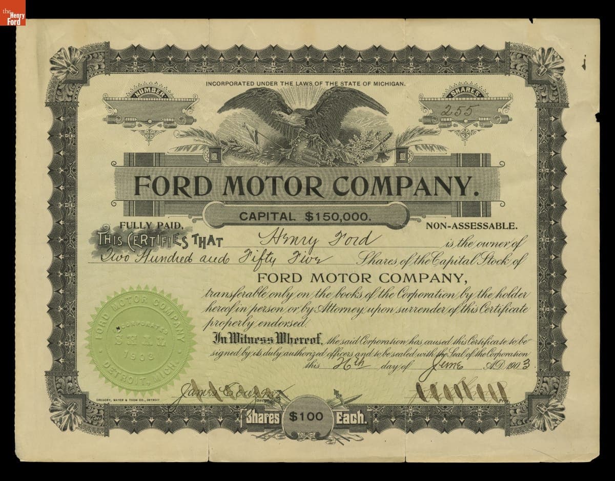 Ford Motor Company Original Stock Certificate Issued to Henry Ford, June 26, 1903