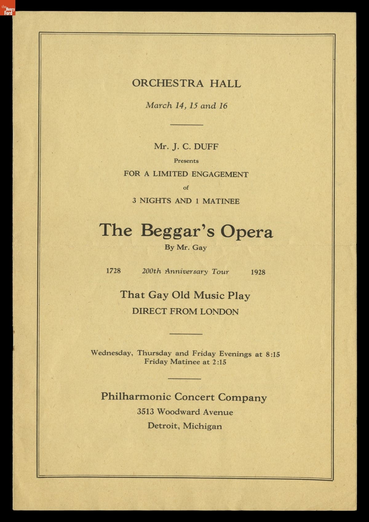 Program, "The Beggar's Opera" at Orchestra Hall, Detroit, Michigan, March 14-16, 1928