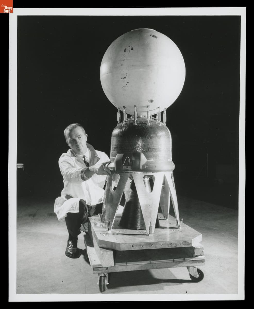 Engineer with Model of Spacecraft to Carry a Lunar Capsule, Ford Motor Company Aeronutronic Division, 1960