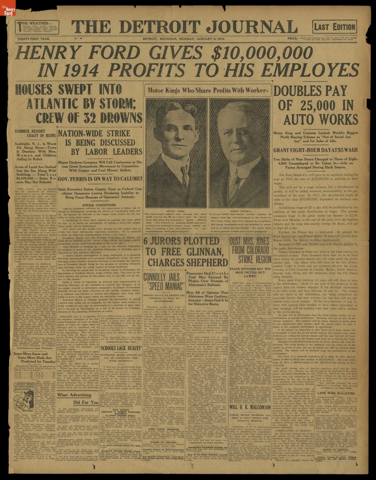 Newspaper Article, "Henry Ford Gives $10,000,000 in 1914 Profits to His Employes"