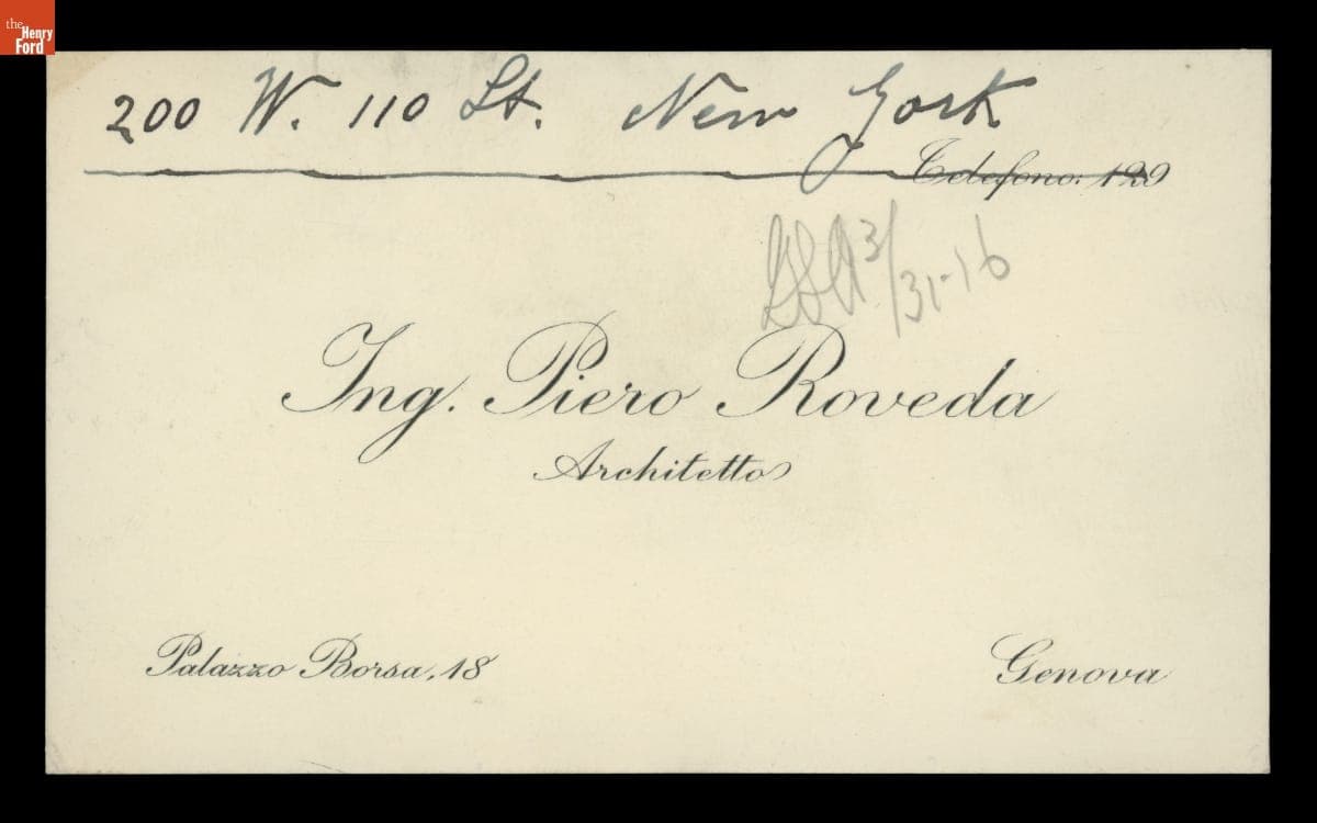 Business Card, Piero [Peter] Roveda Architetto, circa 1916