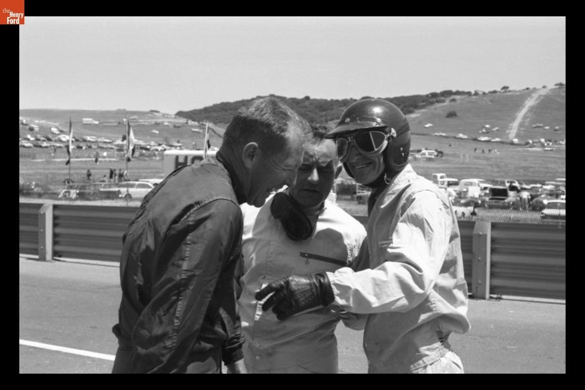 Ed Leslie, Bob Johnson, and Ken Miles at the U.S. Road Racing Championship, Laguna Seca, Monterey, California, May 1965
