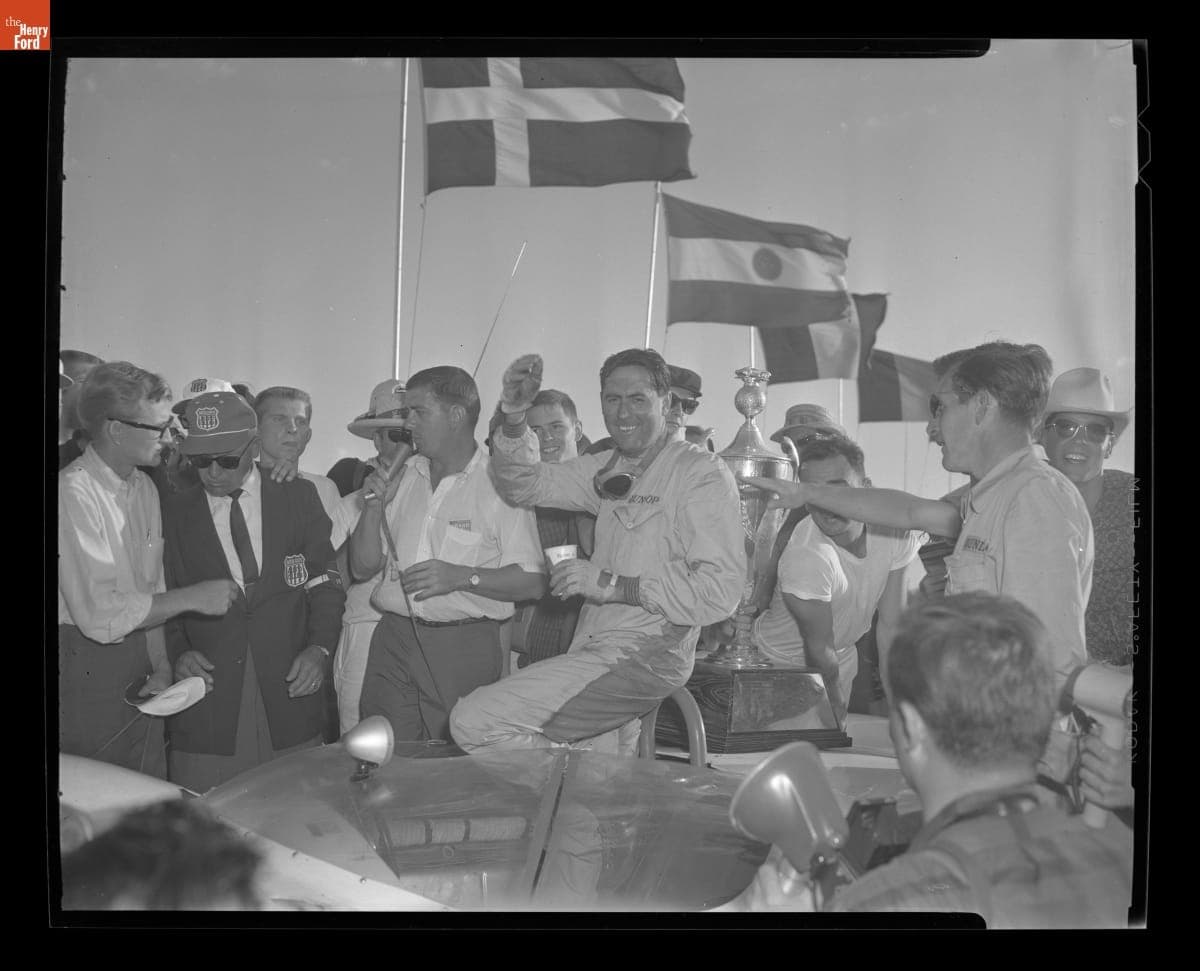 Jack Brabham Celebrating Victory at the 4th Annual Grand Prix for Sports Cars, Riverside California, October 1961
