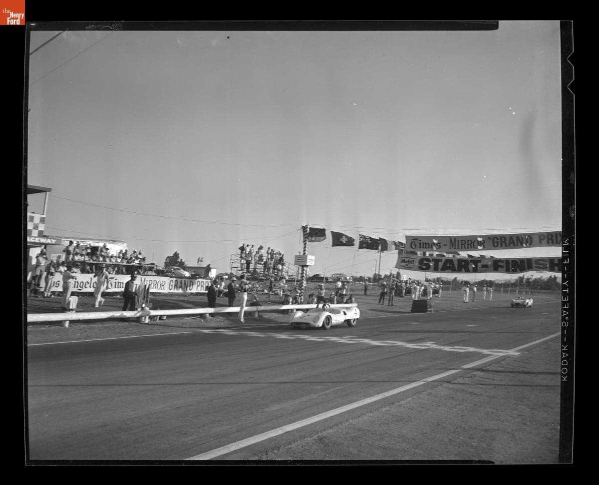 Cooper Monaco T57 Driven by Jack Brabham Crossing Finish Line at the 4th Annual Grand Prix for Sports Cars, Riverside California, October 1961