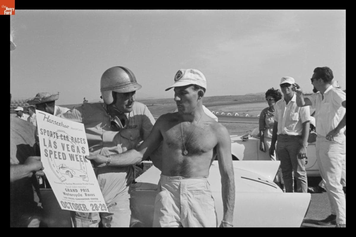 Jack Brabham and Stirling Moss at the Times-Mirror Invitational 3-Hour Enduro Race before the 4th Annual Grand Prix for Sports Cars, Riverside, California, October 1961