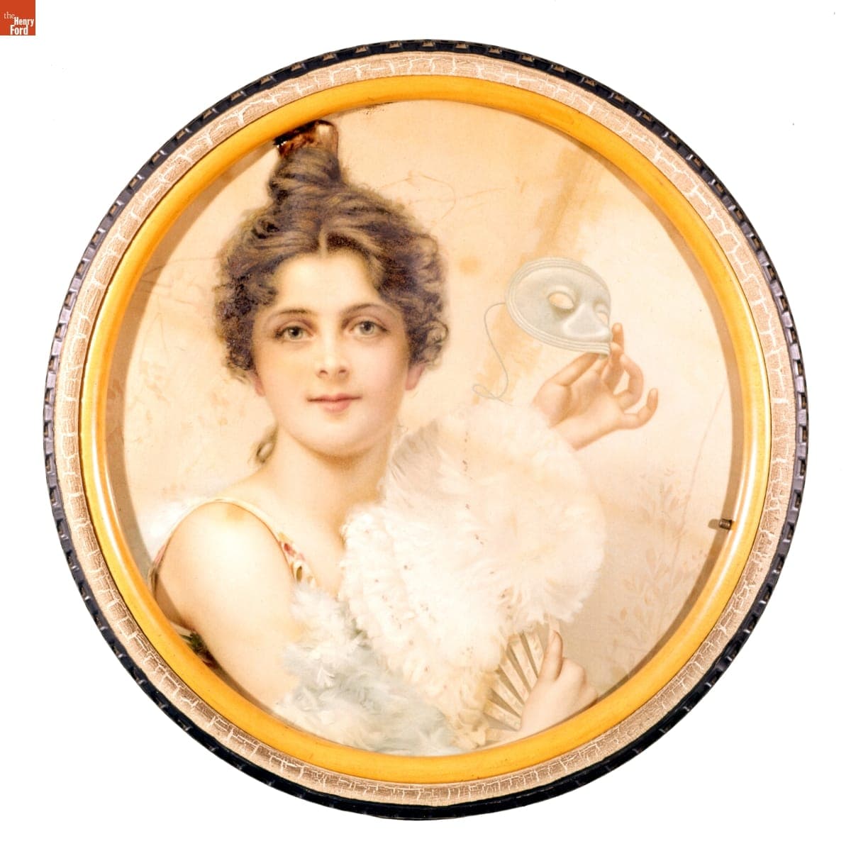 Woman Holding a Mask and Fan in a Rubber Tire Frame, circa 1897