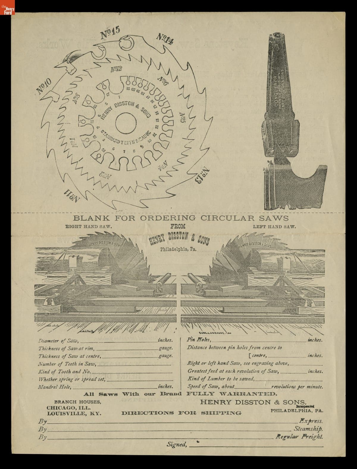 Order Form for Circular, Mulay, Mill, and Gang Saws from Henry Disston & Sons, circa 1875