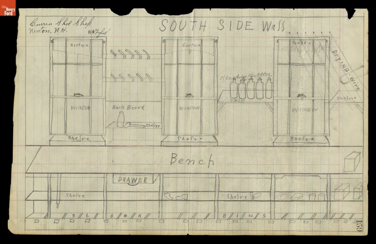 Drawing of the Layout of the South Wall of Currier Shoe Shop, circa 1930