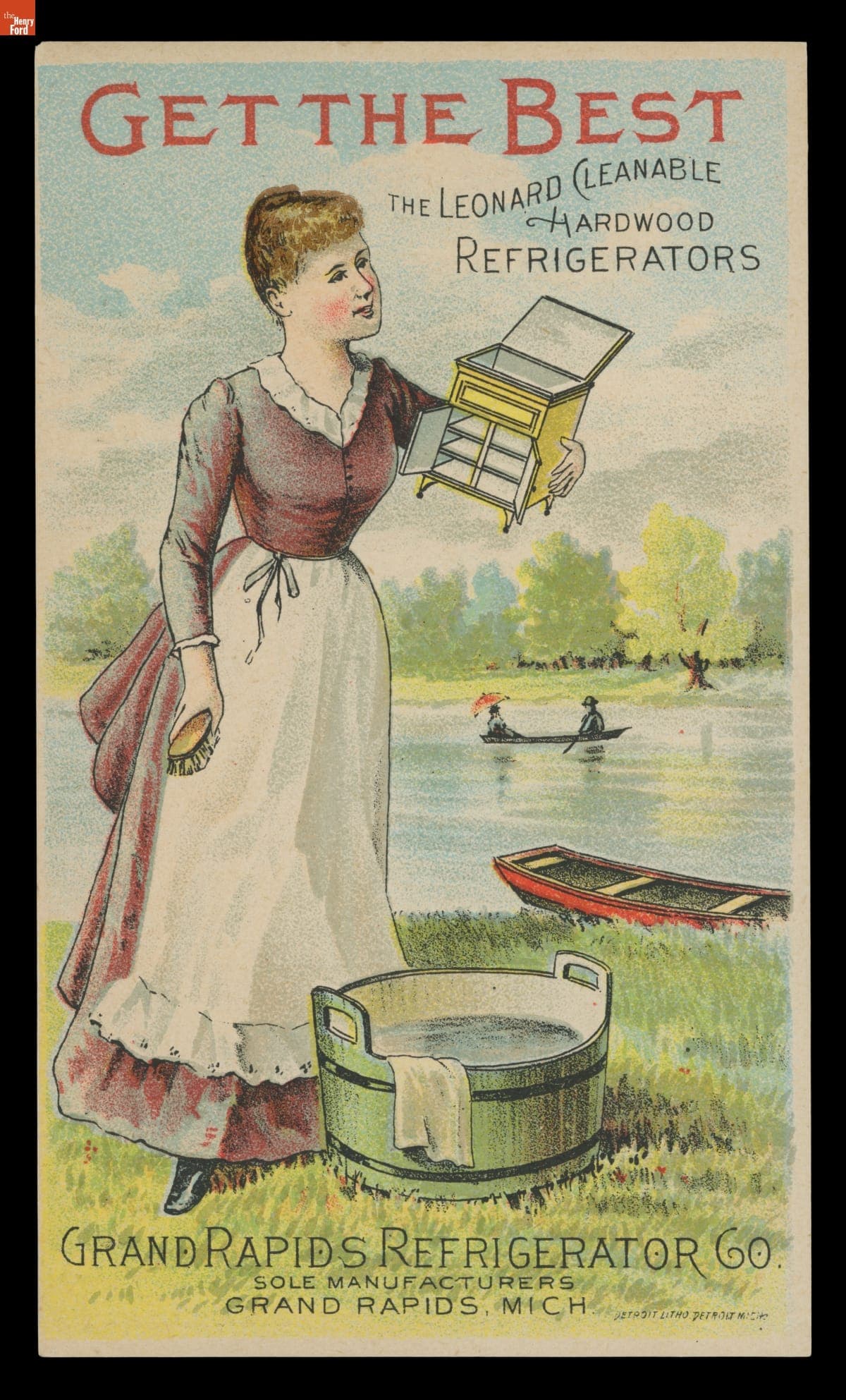 Trade Card for Grand Rapids Refrigerator Company, "The Leonard Hardwood Cleanable Refrigerators: Get the Best," circa 1890