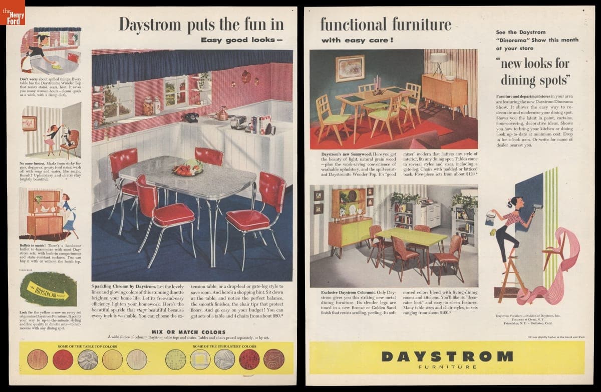 Advertisement for Daystrom Kitchen Dining Furniture, "Daystrom Puts the Fun in Functional Furniture," May 1952