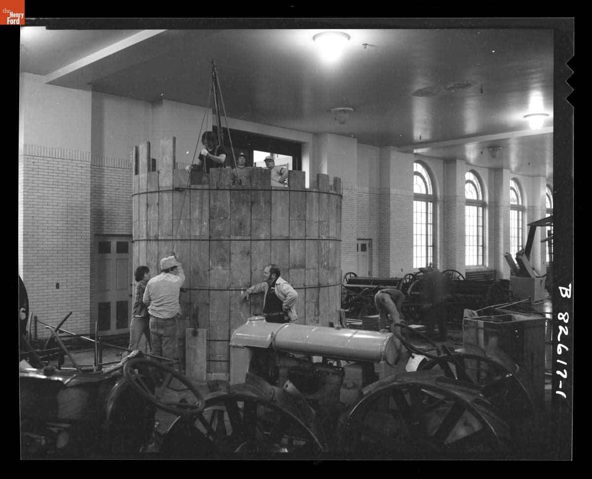 Construction of the Smith Silo inside Henry Ford Museum, December 1978