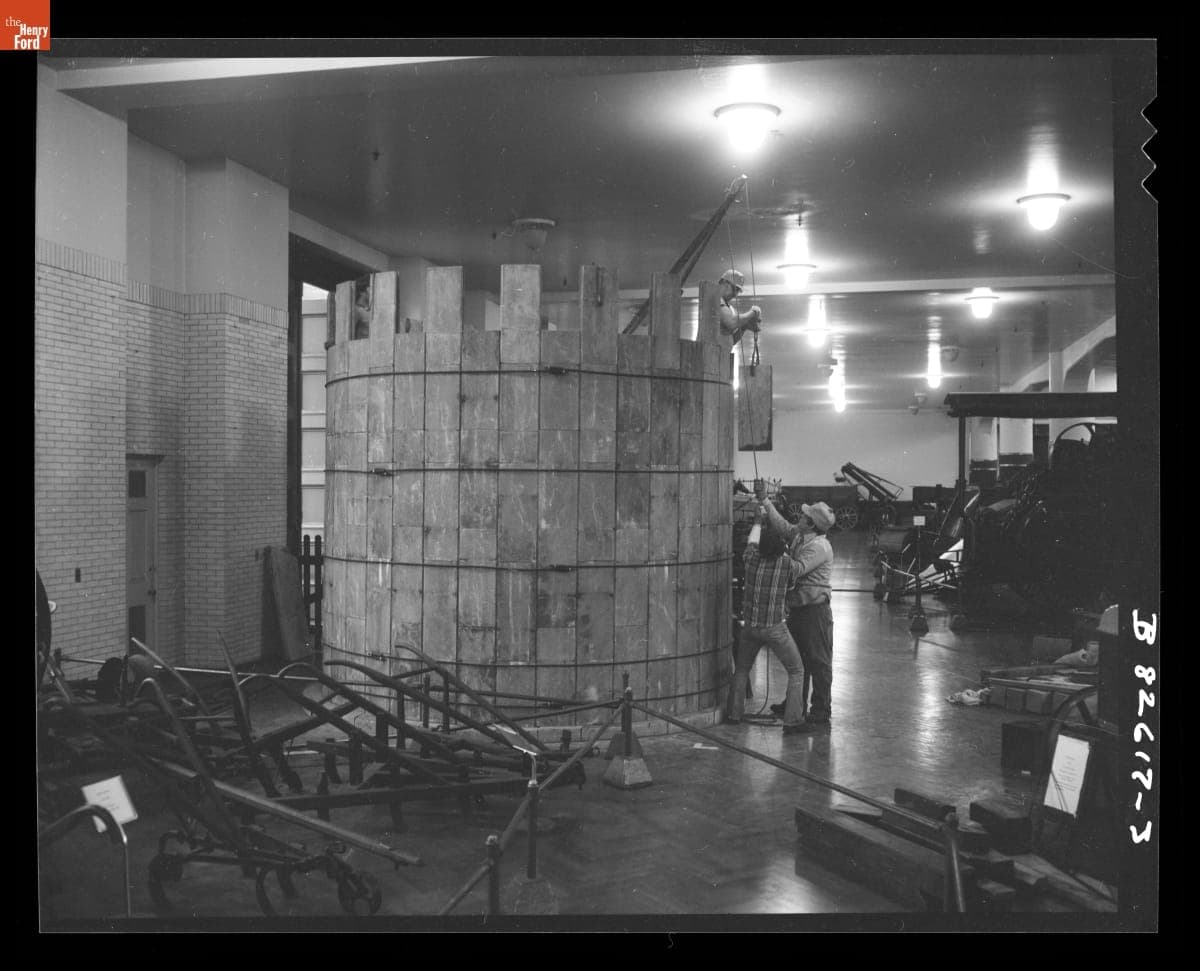 Construction of the Smith Silo inside Henry Ford Museum, December 1978