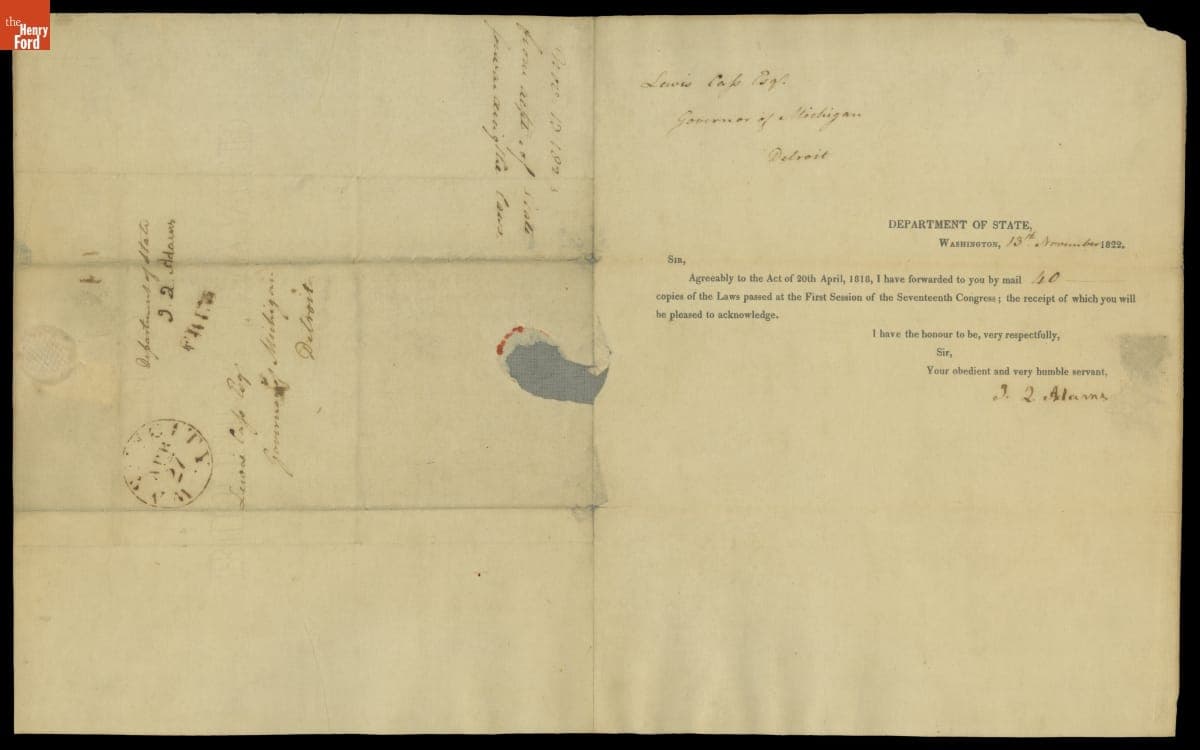 Letter from John Quincy Adams to Lewis Cass, November 13, 1822, Delivering Copies of the Act of 20th April 1818