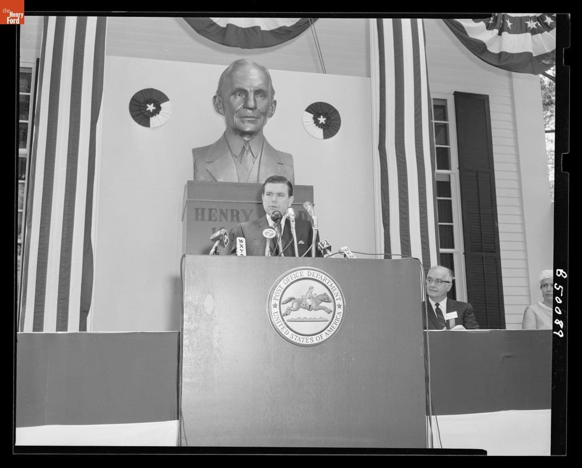 Postmaster General W. Marvin Watson Speaking at the Henry Ford Postage Stamp Dedication in Greenfield Village, July 30, 1968