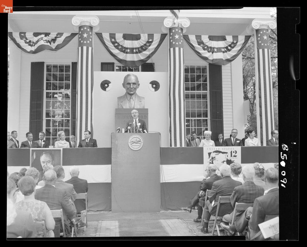 Dr. Donald A. Shelley Speaking at the Henry Ford Postage Stamp Dedication in Greenfield Village, July 30, 1968