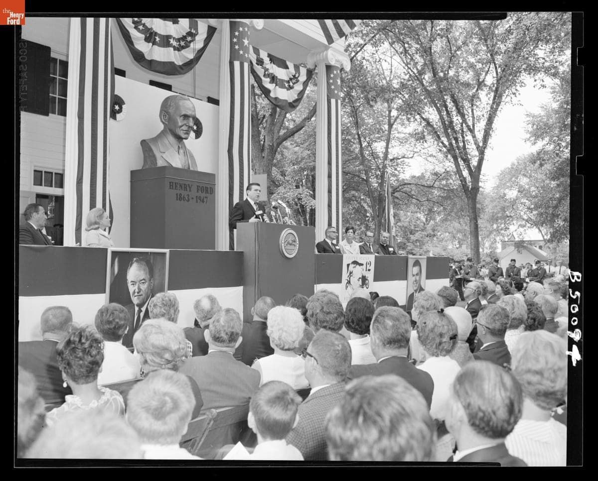 Postmaster General W. Marvin Watson Speaking at the Henry Ford Postage Stamp Dedication in Greenfield Village, July 30, 1968