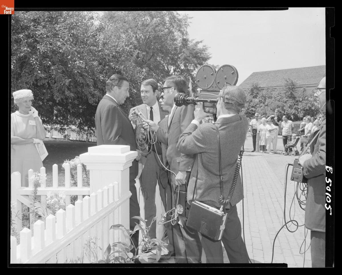 ABC/WXYZ-TV Interviewing Henry Ford II after the Henry Ford Postage Stamp Dedication in Greenfield Village, July 30, 1968