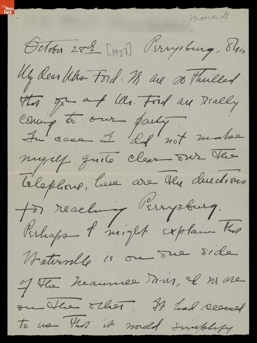 Letter from Gertrude Moore to Clara Ford, October 28, 1927