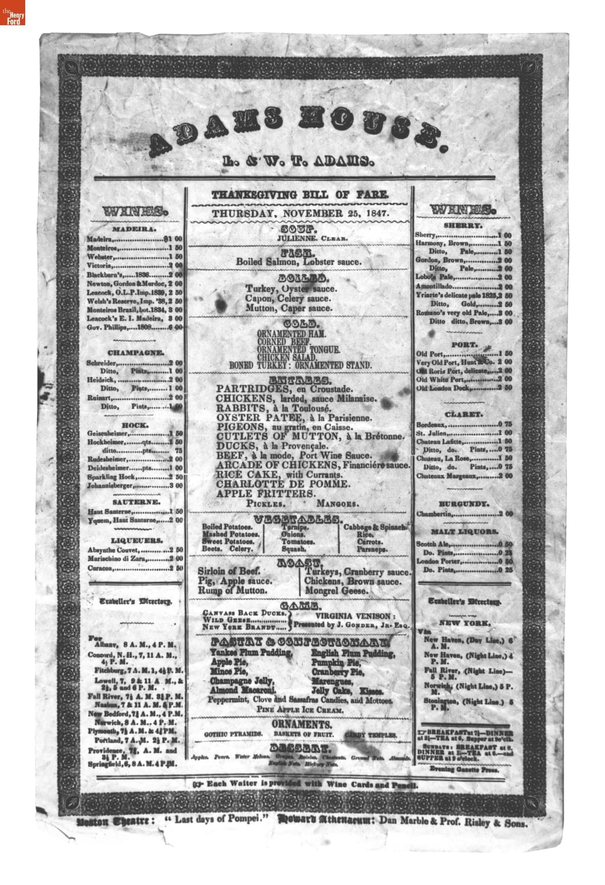 Thanksgiving Menu from the Adams House, Boston, Massachusetts, November 1847