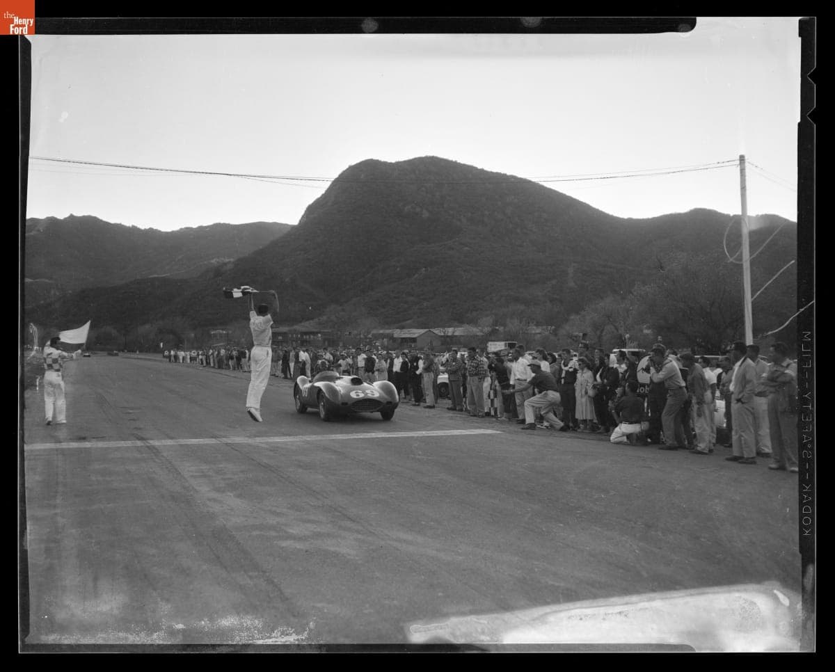 Dan Gurney Crossing Finish Line in the Paramount Ranch Sports Car Road Races, December 1957