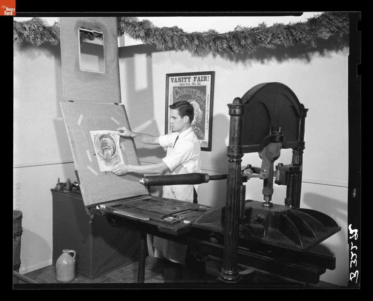 Rudy Ruzicska Demonstrating Printing Press during "Crafts at Christmas" in Henry Ford Museum, December 1962