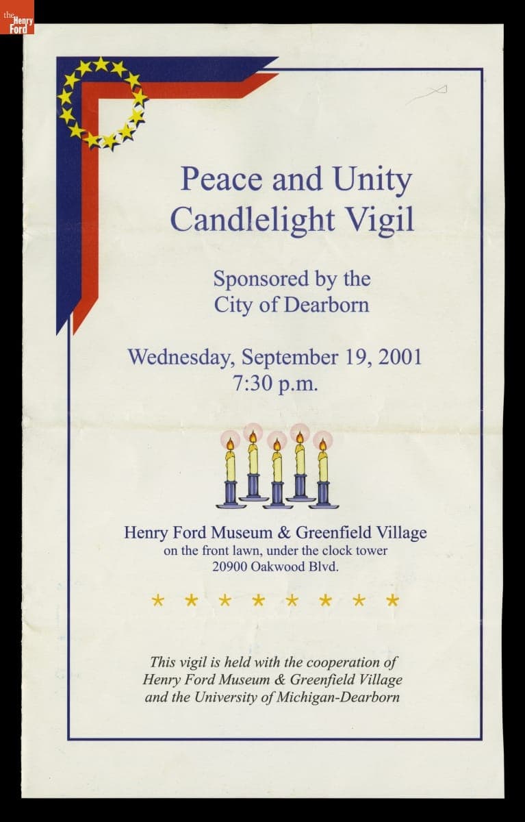 Program, "Peace and Unity" Candlelight Vigil at Henry Ford Museum, September 19, 2001