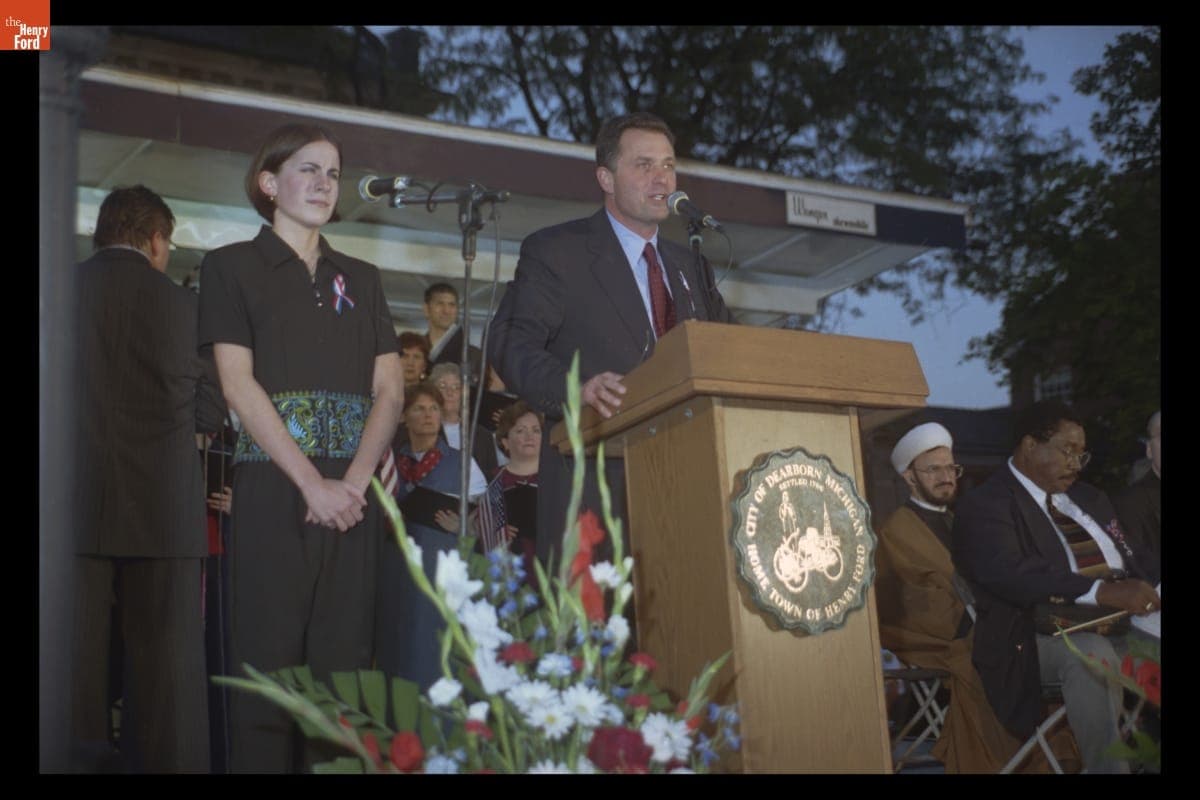 Museum President Steve Hamp Speaking at the "Peace and Unity" Candlelight Vigil at Henry Ford Museum, September 19, 2001