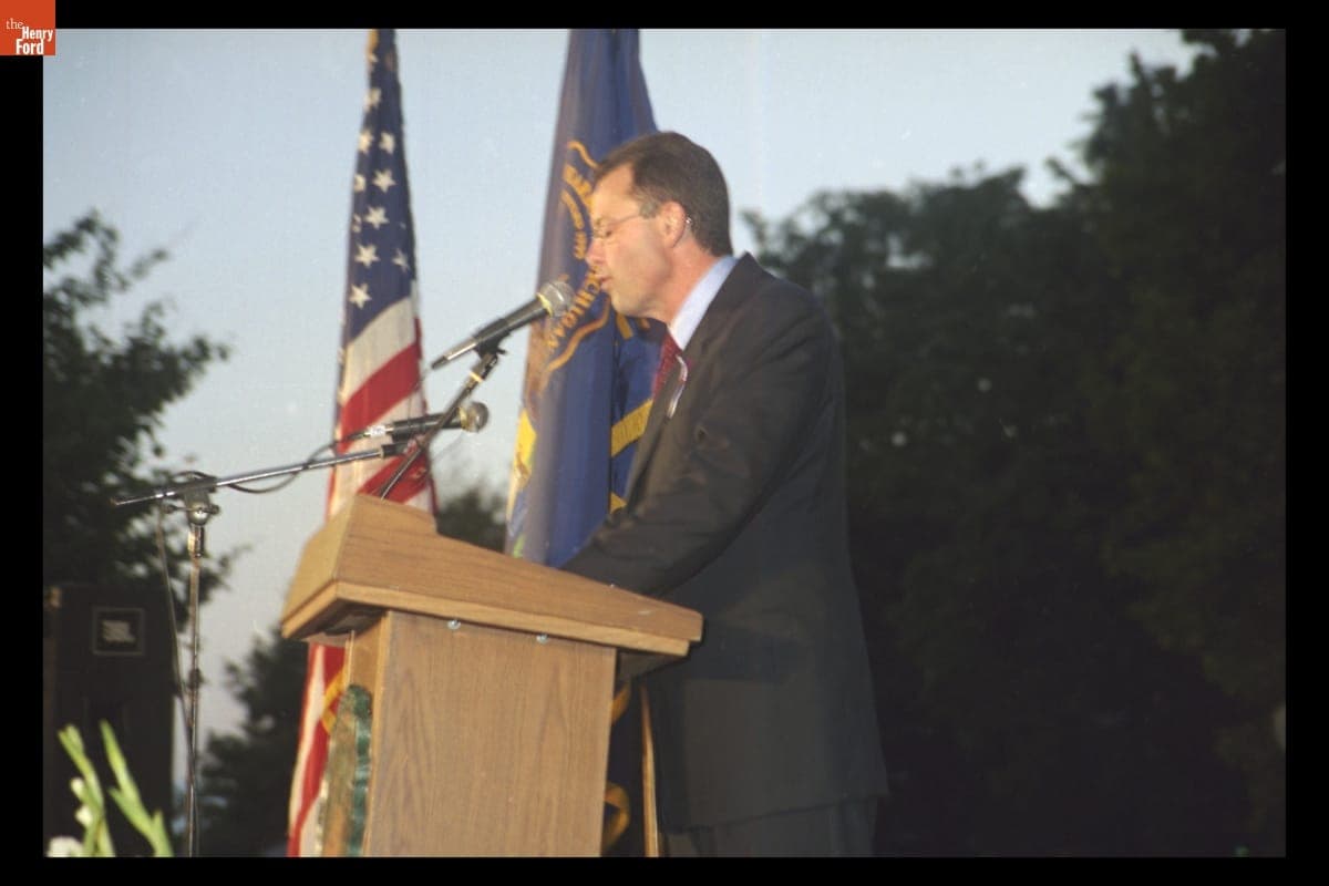 Museum President Steve Hamp Speaking at the "Peace and Unity" Candlelight Vigil at Henry Ford Museum, September 19, 2001