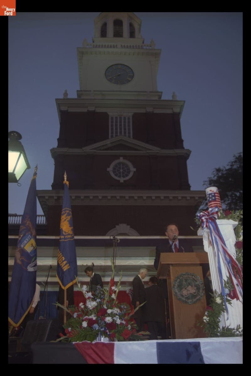 Museum President Steve Hamp Speaking at the "Peace and Unity" Candlelight Vigil at Henry Ford Museum, September 19, 2001