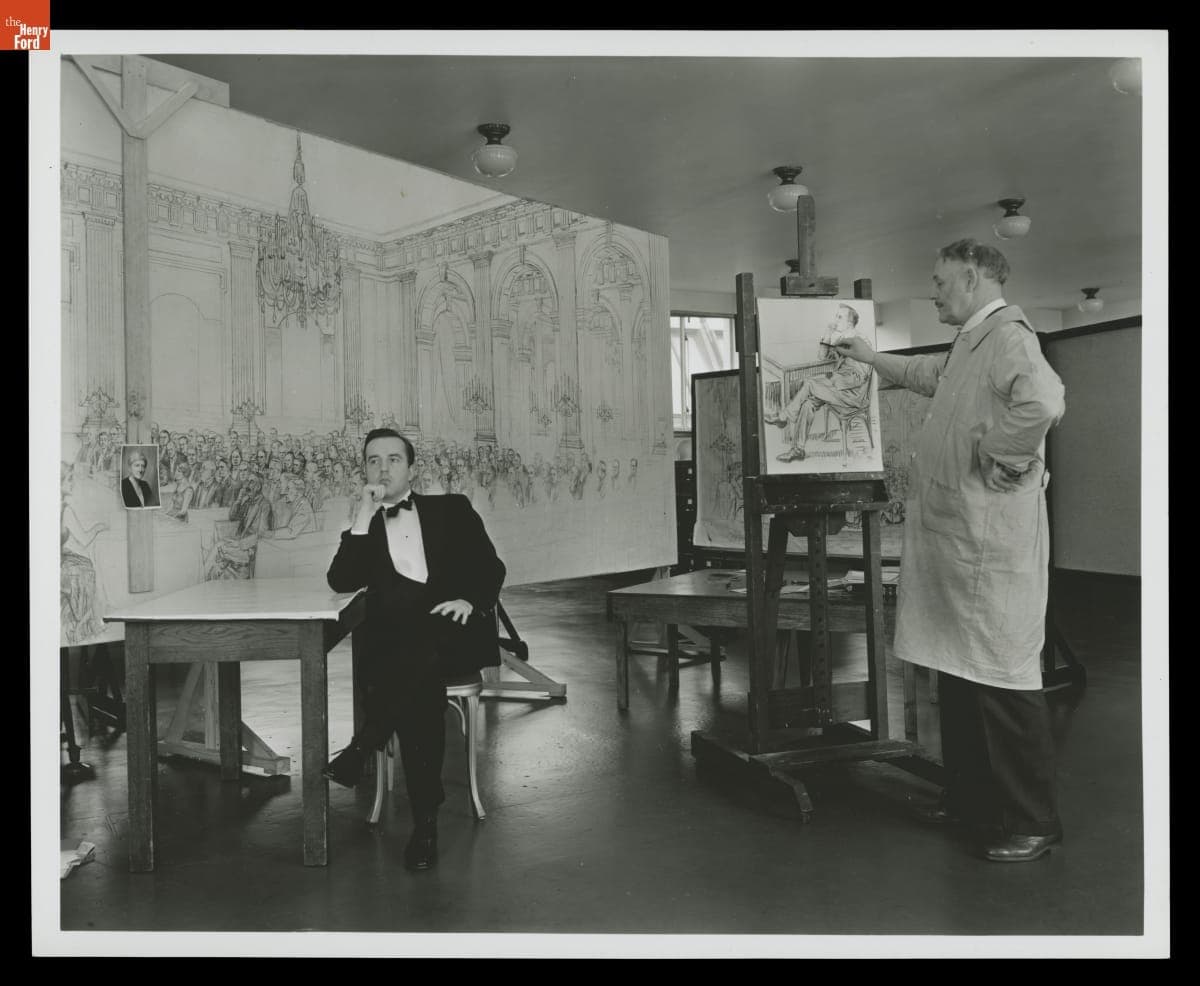 Irving Bacon Works on the Painting of Light's Golden Jubilee, January 17, 1938