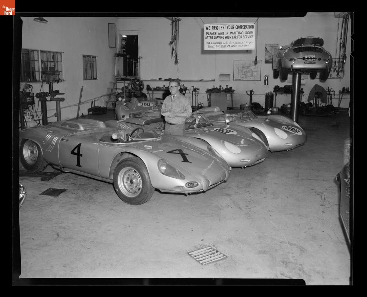 Porsche Race Cars in a Garage, 1962