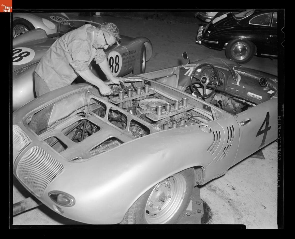 Porsche Race Cars in a Garage, 1962