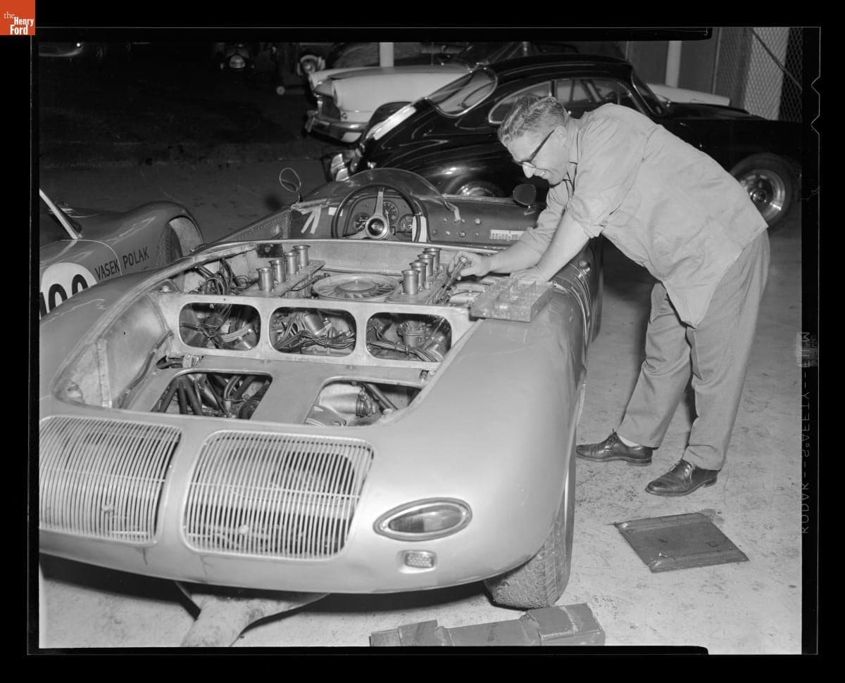 Porsche Race Cars in a Garage, 1962
