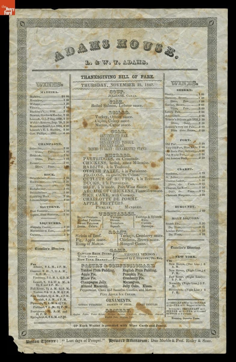Thanksgiving Menu from the Adams House, Boston, Massachusetts, November 1847