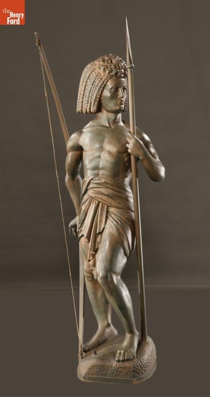 Sculpture of Standing Warrior with Spear, from "Africa" Circus Wagon, by Samuel Robb, 1903