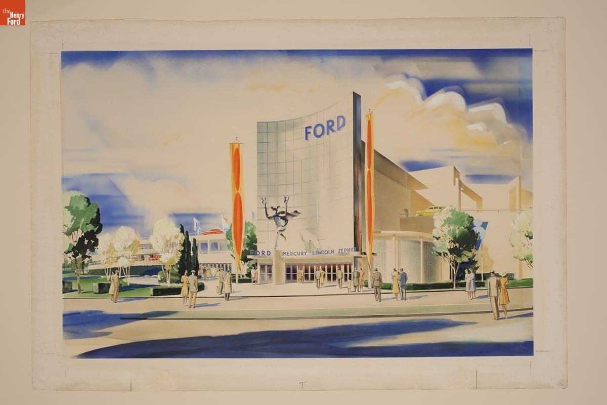 Conceptual Drawing of the Ford Exhibition Building's Main Entrance and "The Road of Tomorrow," New York World's Fair, 1939