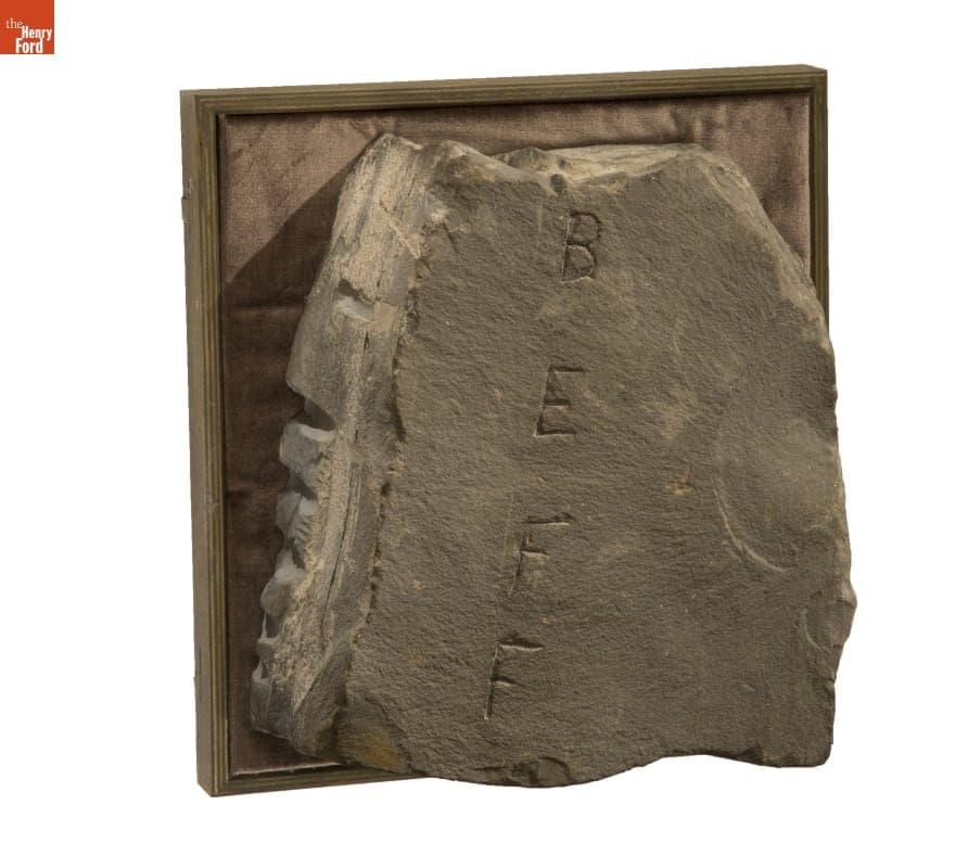 Cornerstone of the Ford Motor Co. Green Island Plant with Hand-Carved Initials of "The Vagabonds," 1919