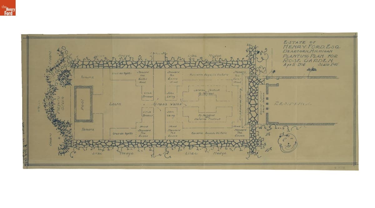 Landscape Architecture Drawing for Fair Lane, "Planting Plan for Rose Garden," April 1916
