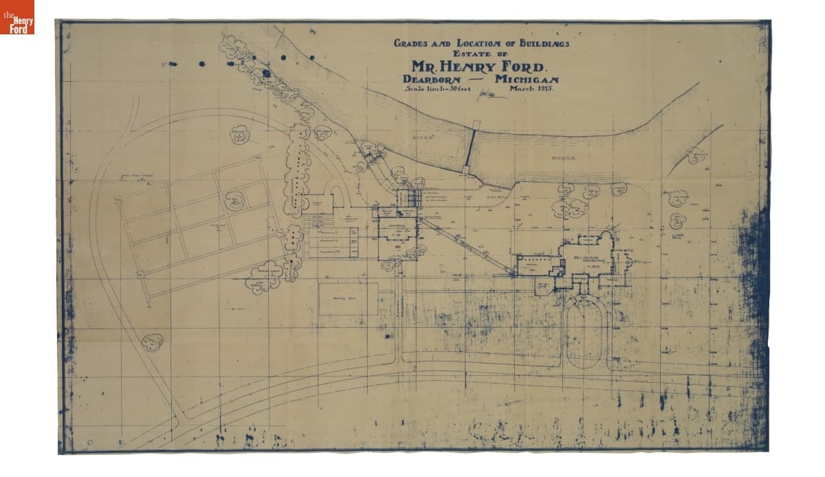 Landscape Architecture Drawing for Fair Lane, "Grades and location of buildings," March 1915