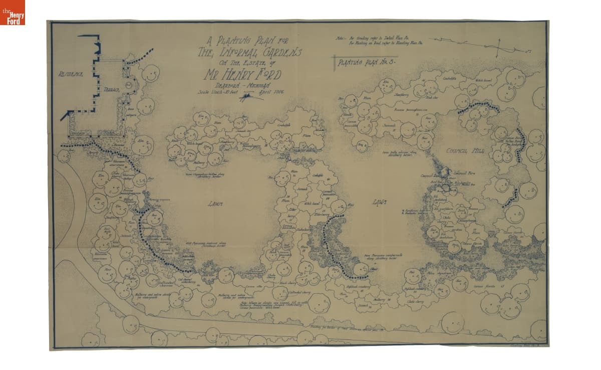 Landscape Architecture Drawing for Fair Lane, "A Planting Plan No. 3 for the Informal Gardens," April 1920