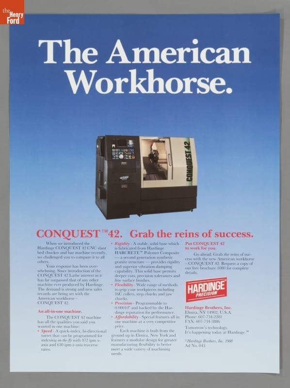 Advertising Poster, "The American Workhorse, Conquest 42 CNC Slant Bed Chucker and Bar Machine," 1988