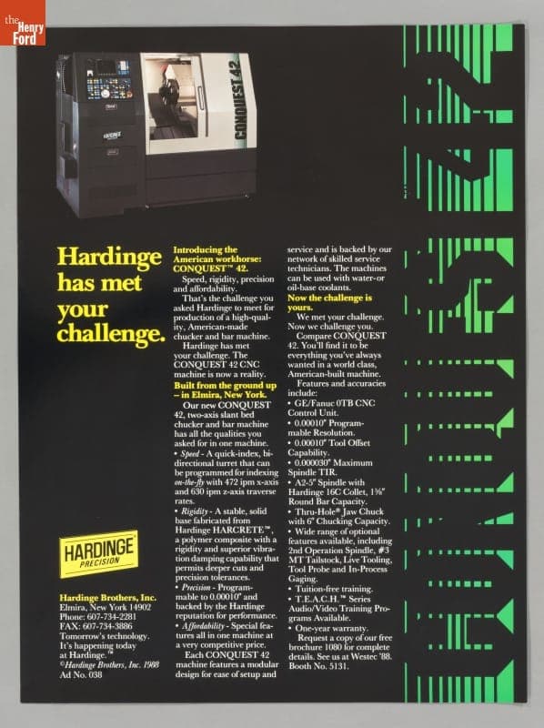 Advertising Poster, "Conquest 42, Hardinge Has Met Your Challenge. Introducing the American Workhorse," 1988