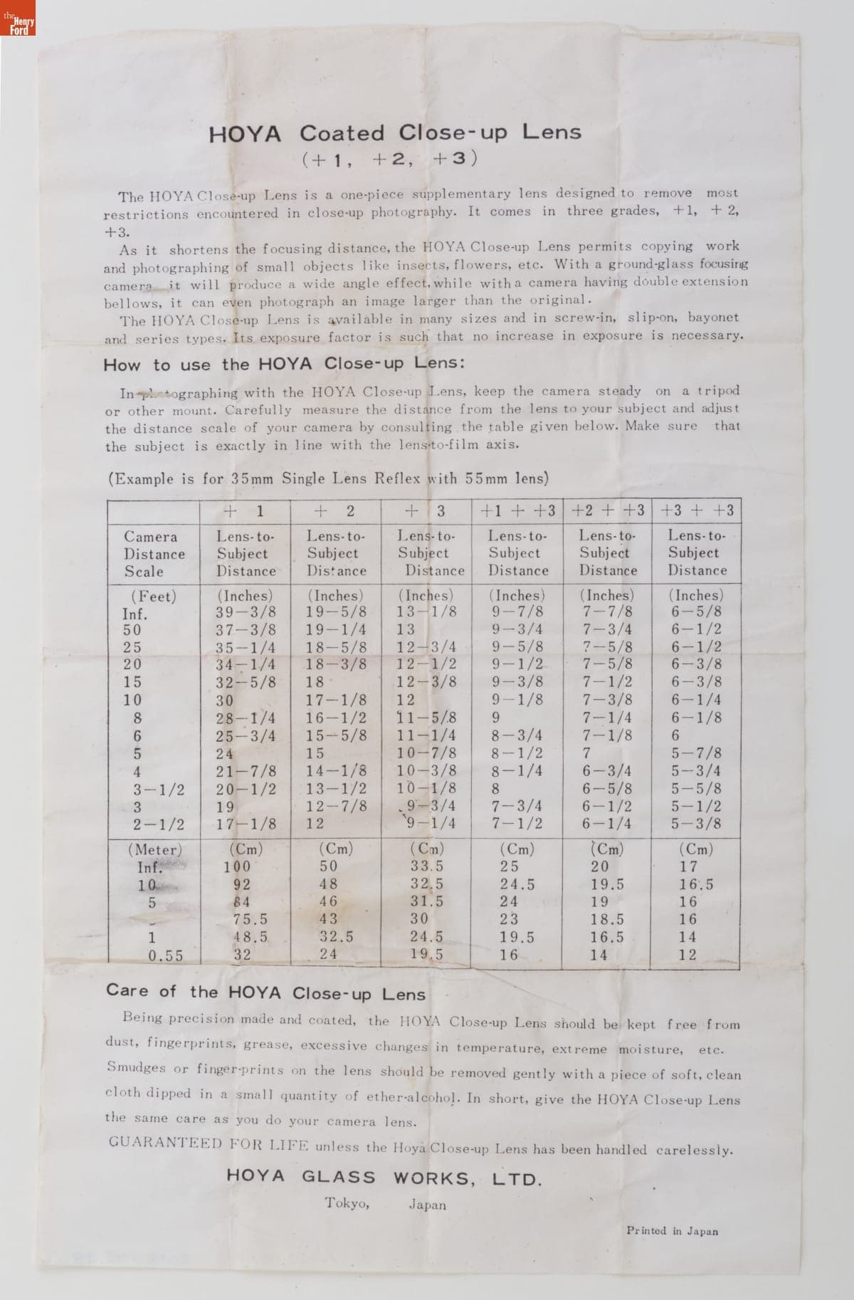 Instructions for Use of the "HOYA Coated Close-up Lens," 1941-1971
