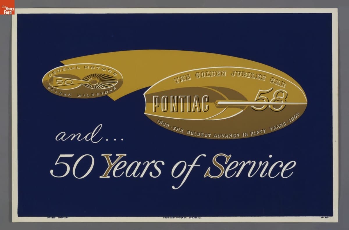 General Motors Golden Jubilee Poster, "Pontiac 58...and 50 Years of Service," January 1958