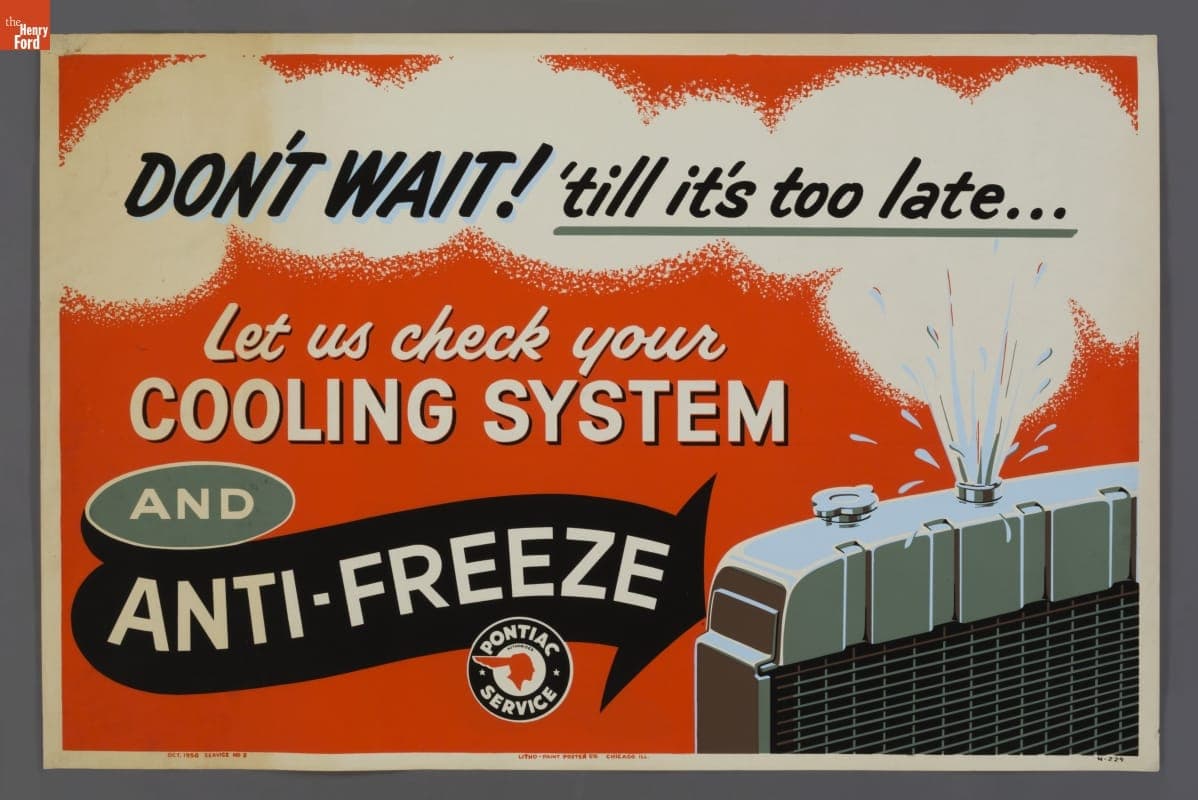 Pontiac Service Poster, "Don't Wait! 'till It's too Late... Let Us Check Your Cooling System," October 1958