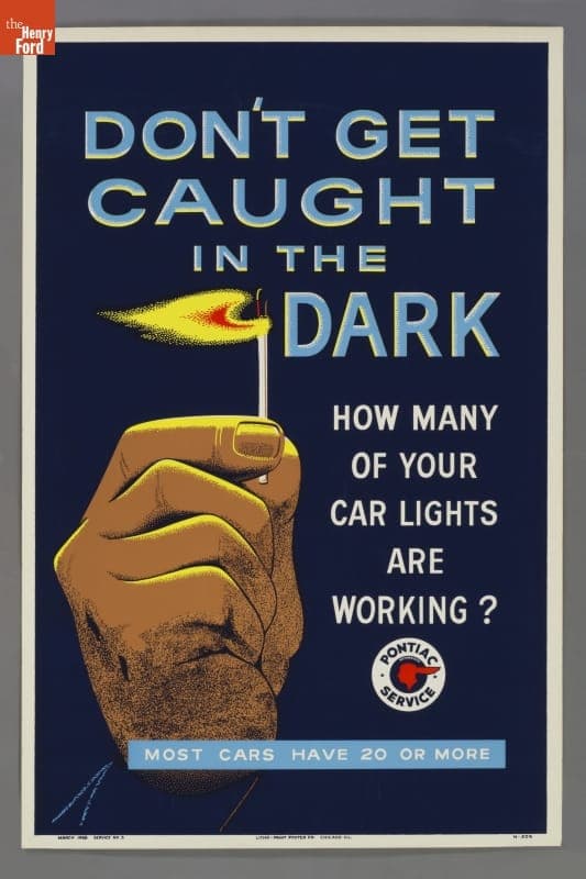 Pontiac Service Poster, "Don't Get Caught in the Dark, How Many of Your Car Lights Are Working?," March 1958
